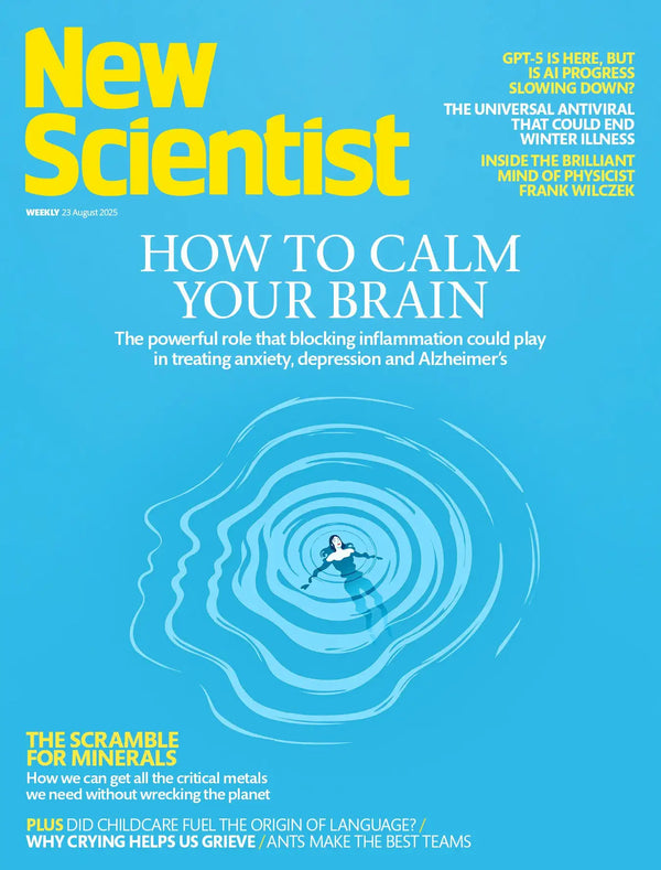 Image shows the front cover of New Scientist magazine. The image in the centre of the cover is a figure of a woman floating, with the ripples spreading from her shaped like a head in profile. The text above the image reads: How to calm your brain. The powerful role that blocking inflammation could plan in treating anxiety, depression and Alzheimer's.